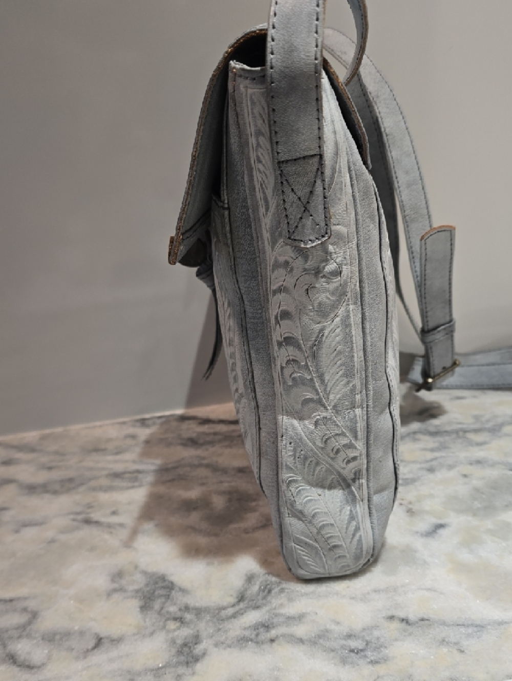 Women's Embossed Leather Crossbody Bag in Light Gray - Picture 6 of 17